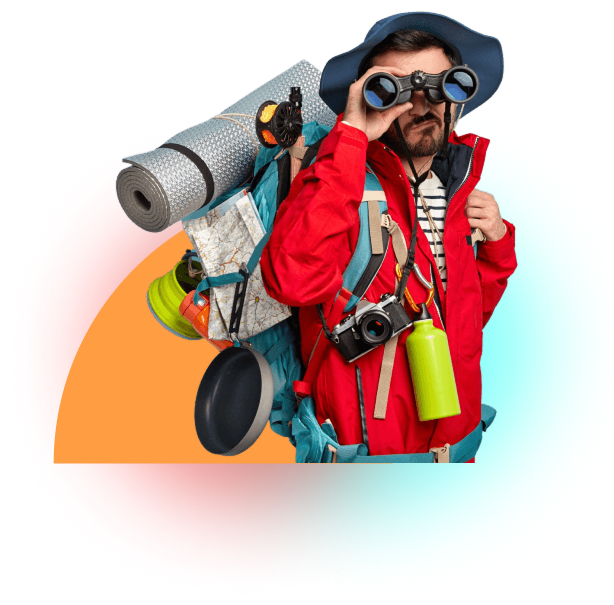 Traveler with backpack and binoculars